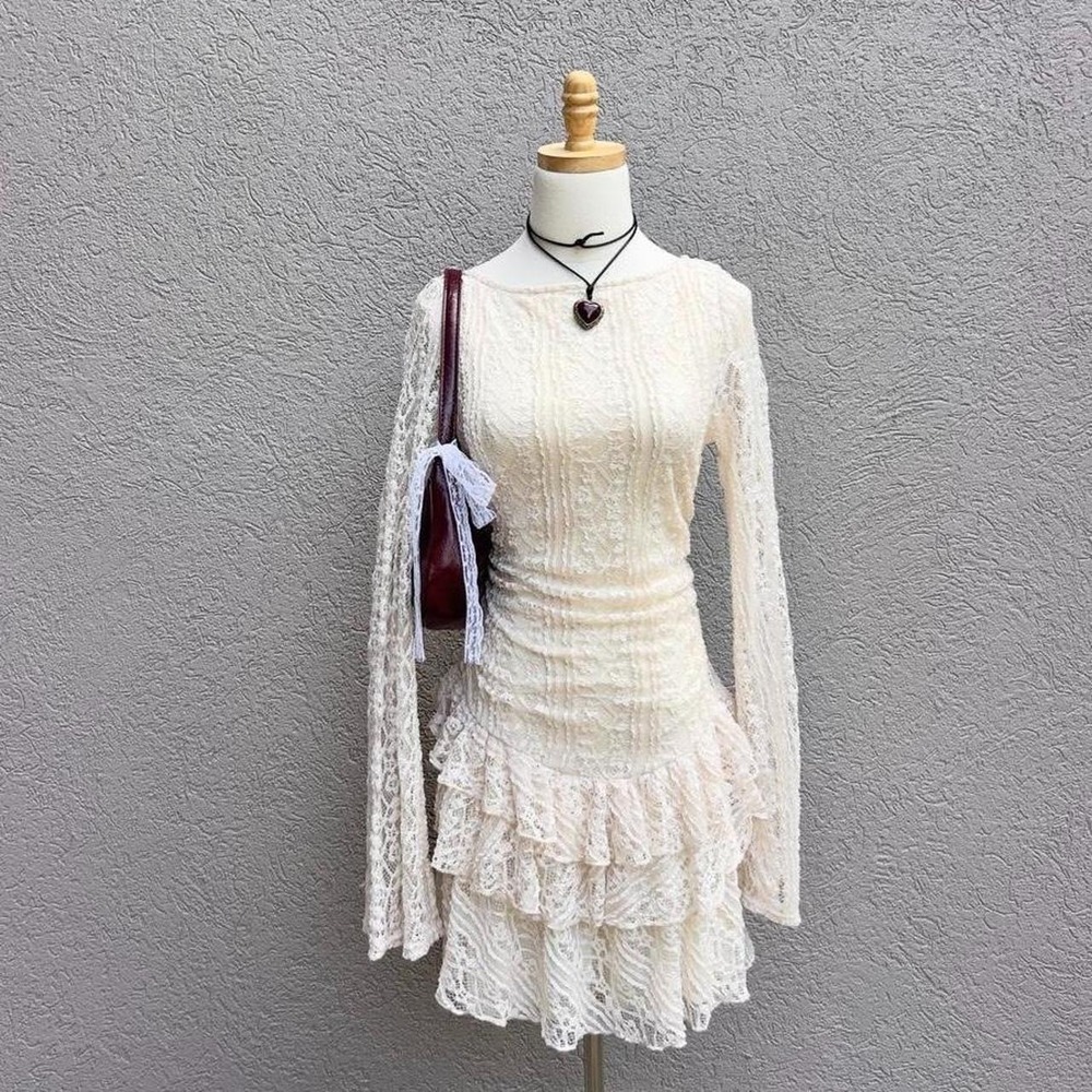 Free People Tabby Lace Long Sleeve Mini Dress Tea Size Large NWT Boho Festival